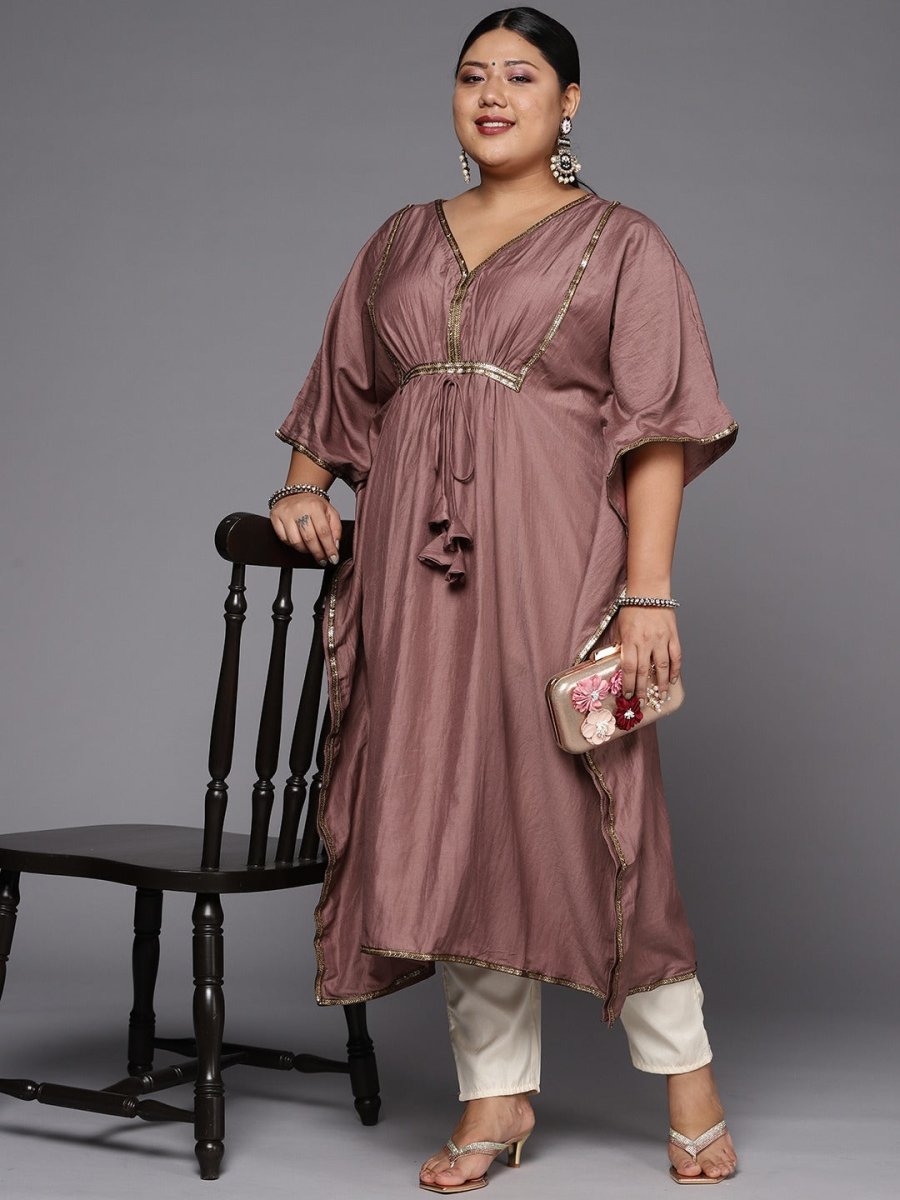 Women Plus Size Mauve Extended Sleeves Gotta Patti Kaftan Kurta - Inddus.com