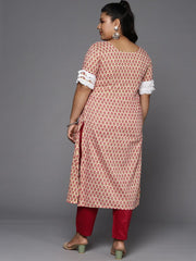 Women Plus Size Pink & Cream-Coloured Ethnic Motifs Printed Kurta - Inddus.com