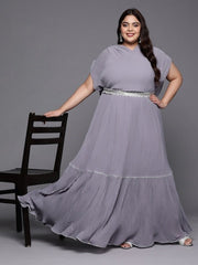 Women Plus Size Solid Pleated Belted Maxi Dress - Inddus.com