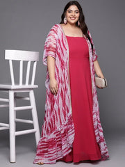 Women Plus Size Solid Shoulder Straps Maxi Dress with Tie & Dye Jacket & Belt - Inddus.com