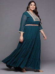 Women Plus Size Yoke Design Embroidered Ethnic Maxi Gown - Inddus.com