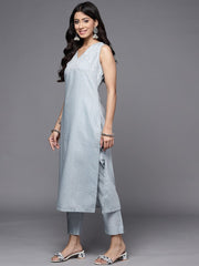 Women Powder Blue Floral Embroidered Kurta with Trousers & With Dupatta - Inddus.com