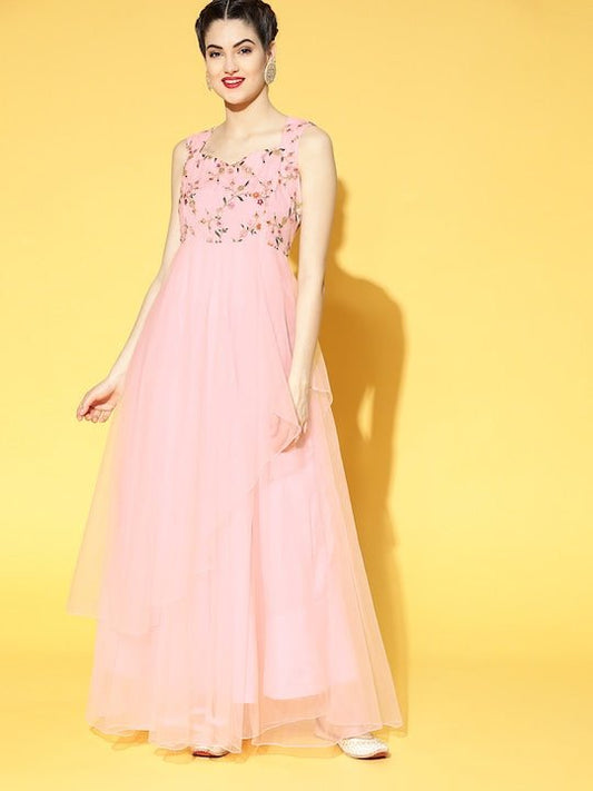 Women Pretty Pink Floral Embroidered Festive Gown - Inddus.com