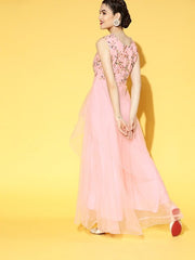 Women Pretty Pink Floral Embroidered Festive Gown - Inddus.com