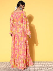 Women Pretty Pink Georgette Twist & Knot Ethnic Dress - Inddus.com