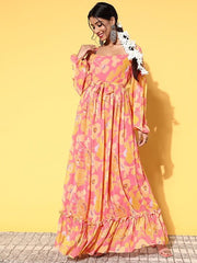 Women Pretty Pink Georgette Twist & Knot Ethnic Dress - Inddus.com