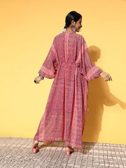 Women Pretty Pink Polyester Adjustable Waistline Ethnic Dress - Inddus.com