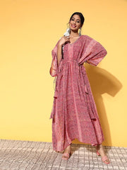 Women Pretty Pink Polyester Adjustable Waistline Ethnic Dress - Inddus.com