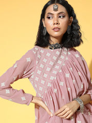 Women Pretty Pink Printed Top With Solid Palazzos - Inddus.com