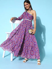 Women Purple Bandhani Printed One Shoulder Maxi Dress - Inddus.com