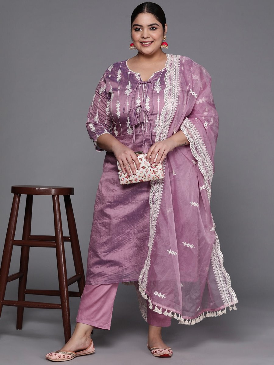 Women Purple Embroidered Chanderi Cotton Kurta with Trousers & Organza Dupatta - Inddus.com