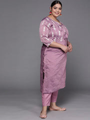 Women Purple Embroidered Chanderi Cotton Kurta with Trousers & Organza Dupatta - Inddus.com