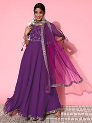 Women Purple Embroidered Yoke Design Kurta with Dupatta - Inddus.com