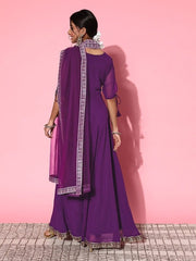 Women Purple Embroidered Yoke Design Kurta with Dupatta - Inddus.com