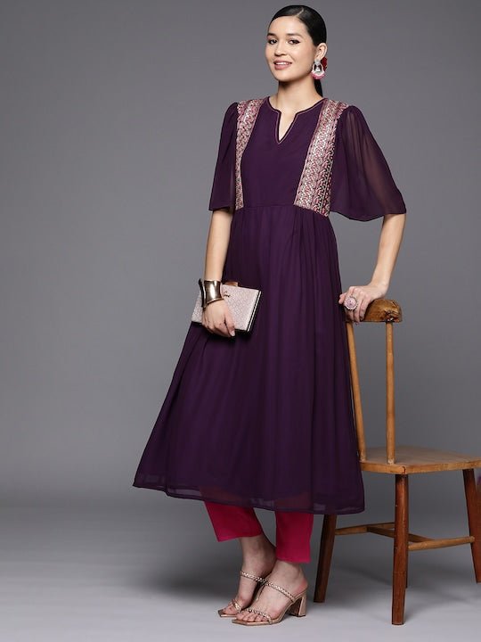 Women Purple Ethnic Motifs Embroidered Pleated Thread Work Kurta with Trousers - Inddus.com
