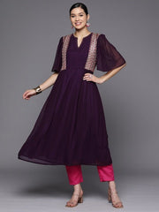 Women Purple Ethnic Motifs Embroidered Pleated Thread Work Kurta with Trousers - Inddus.com