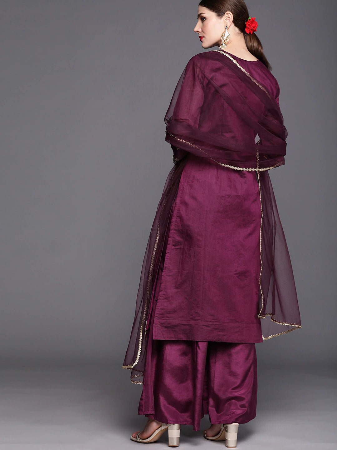Women Purple Ethnic Motifs Yoke Design Panelled Zardozi Chanderi Cotton Kurta with Palazzos & With - Inddus.com