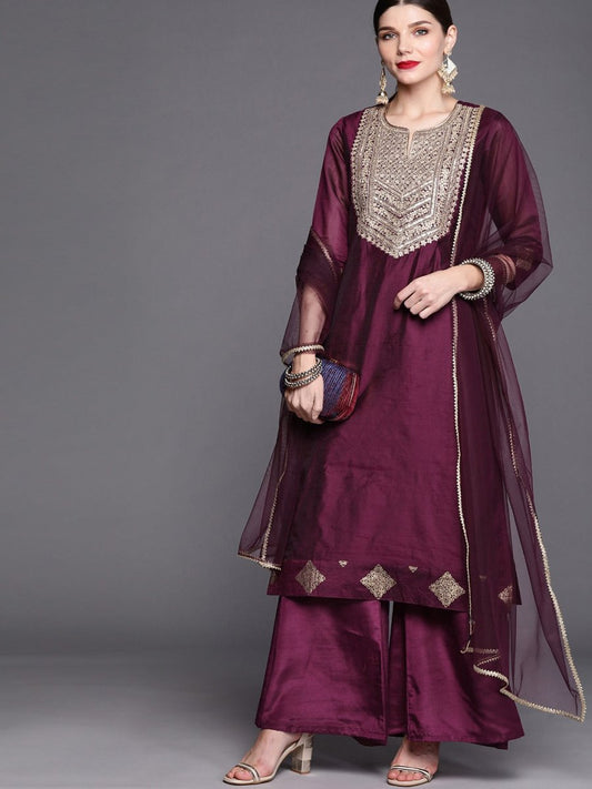Women Purple Ethnic Motifs Yoke Design Panelled Zardozi Chanderi Cotton Kurta with Palazzos & With - Inddus.com