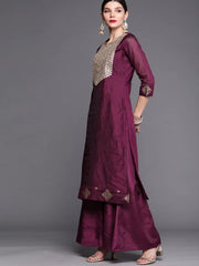 Women Purple Ethnic Motifs Yoke Design Panelled Zardozi Chanderi Cotton Kurta with Palazzos & With - Inddus.com