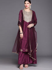 Women Purple Ethnic Motifs Yoke Design Panelled Zardozi Chanderi Cotton Kurta with Palazzos & With - Inddus.com