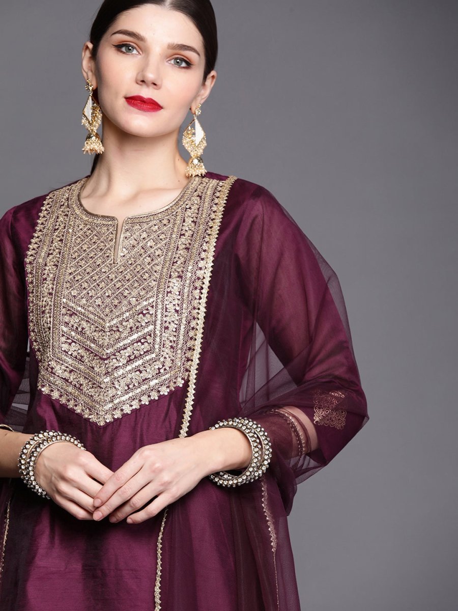 Women Purple Ethnic Motifs Yoke Design Panelled Zardozi Chanderi Cotton Kurta with Palazzos & With - Inddus.com