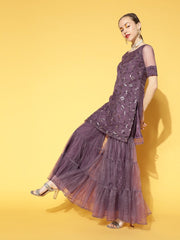 Women Purple Floral Embroidered Sequinned Kurti With Tiered Sharara & Dupatta - Inddus.com