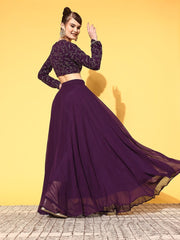 Women Purple Floral Embroidered Thread Work Top & Skirt - Inddus.com