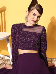 Women Purple Floral Embroidered Thread Work Top & Skirt - Inddus.com