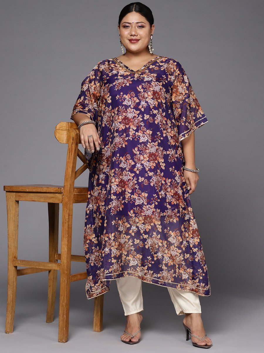 Women Purple & Orange Floral Printed Organza Scalloped Edge Kurta - Inddus.com