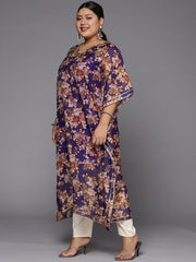 Women Purple & Orange Floral Printed Organza Scalloped Edge Kurta - Inddus.com