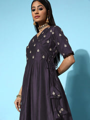 Women Purple Silk Swirling Volume Kurta - Inddus.com