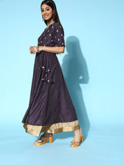 Women Purple Silk Swirling Volume Kurta - Inddus.com