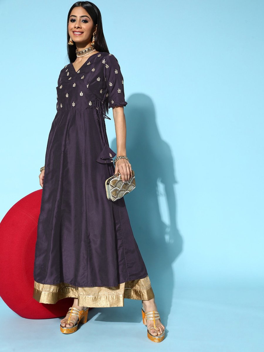 Women Purple Silk Swirling Volume Kurta - Inddus.com