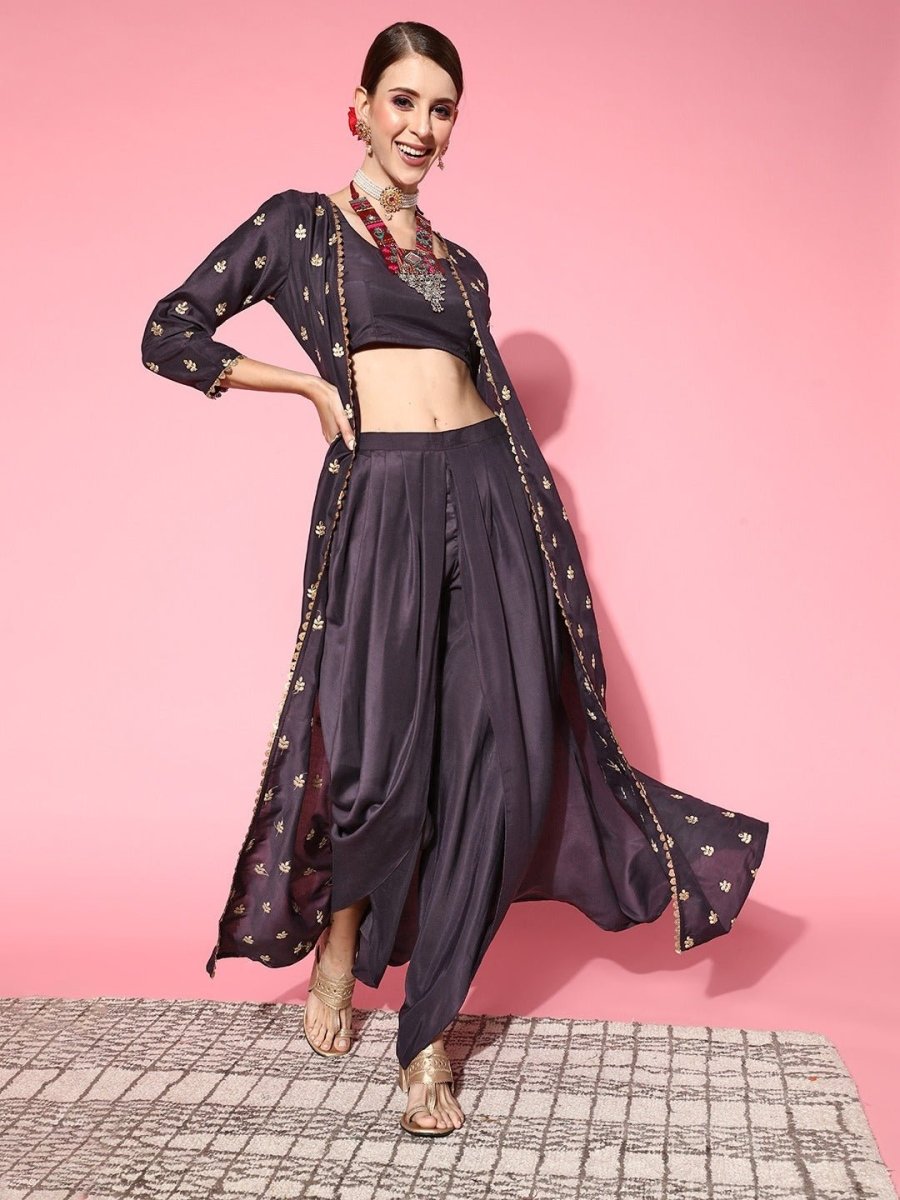 Women Purple Solid Top With Dhoti Pants - Inddus.com