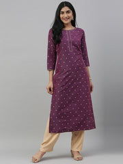 Women Purple Woven Design Straight Kurta - Inddus.com