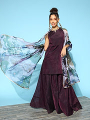 Women Purple Yoke Design Chanderi Cotton Kurti With Skirt & Dupatta - Inddus.com