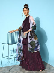 Women Purple Yoke Design Chanderi Cotton Kurti With Skirt & Dupatta - Inddus.com