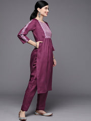 Women Purple Yoke Design Pleated Kurta with Trousers - Inddus.com