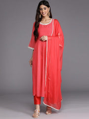 Women Red Bandhani Printed Pleated Thread Work Kurta with Trousers & With Dupatta - Inddus.com