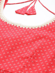 Women Red Bandhani Printed Pleated Thread Work Kurta with Trousers & With Dupatta - Inddus.com