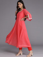 Women Red Bandhani Printed Pleated Thread Work Kurta with Trousers & With Dupatta - Inddus.com