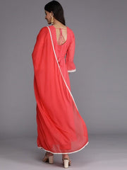 Women Red Bandhani Printed Pleated Thread Work Kurta with Trousers & With Dupatta - Inddus.com