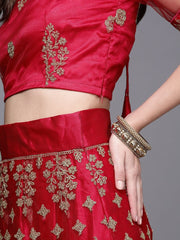 Women Red Embroidered Semi-Stitched Lehenga & Unstitched Blouse With Dupatta - Inddus.com