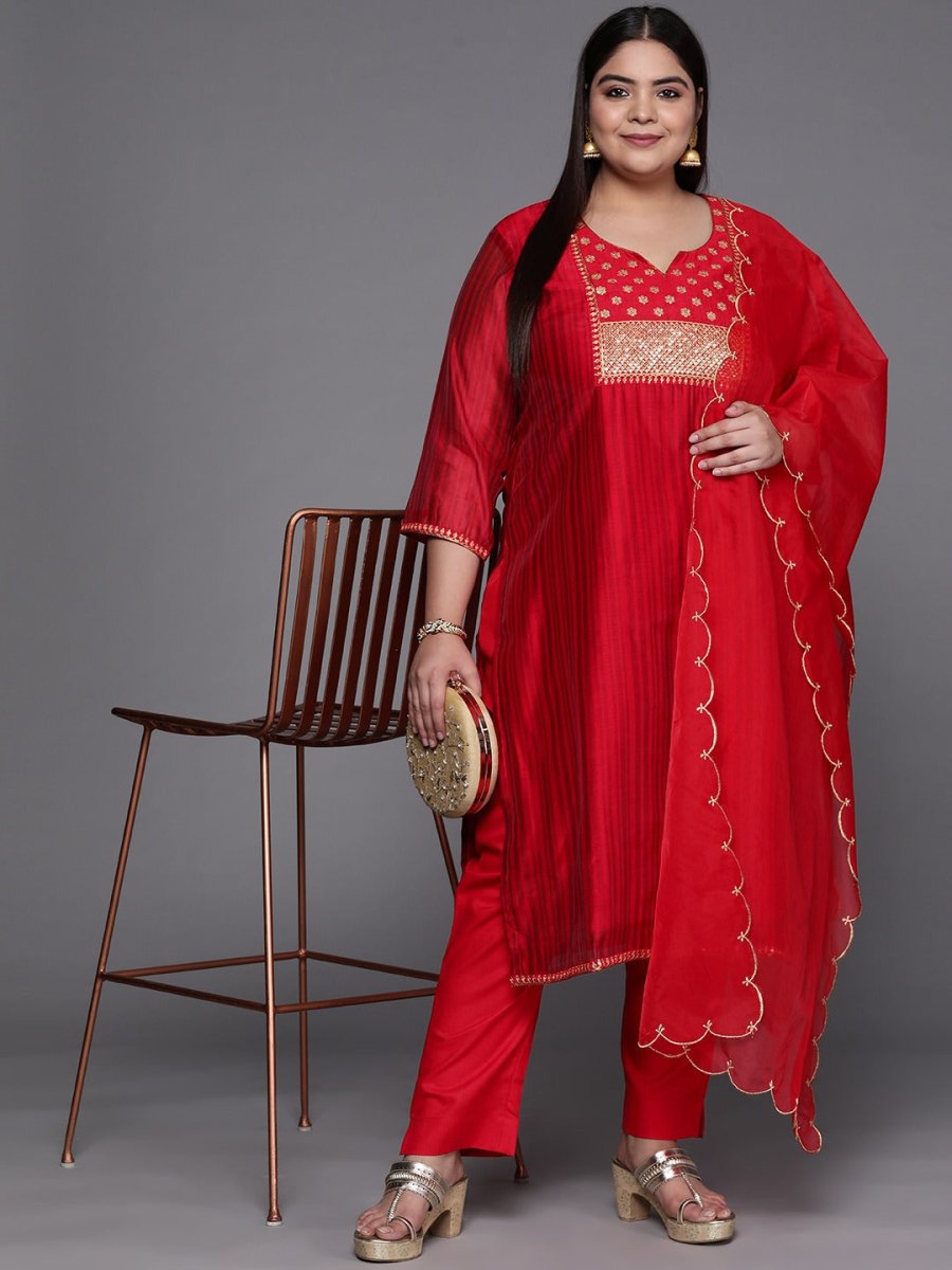 Women Red Embroidered Sequinned Kurta with Trousers & With Dupatta - Inddus.com