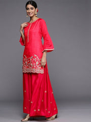 Women Red Floral Embroidered Sequinned Kurta with Sharara & With Dupatta - Inddus.com