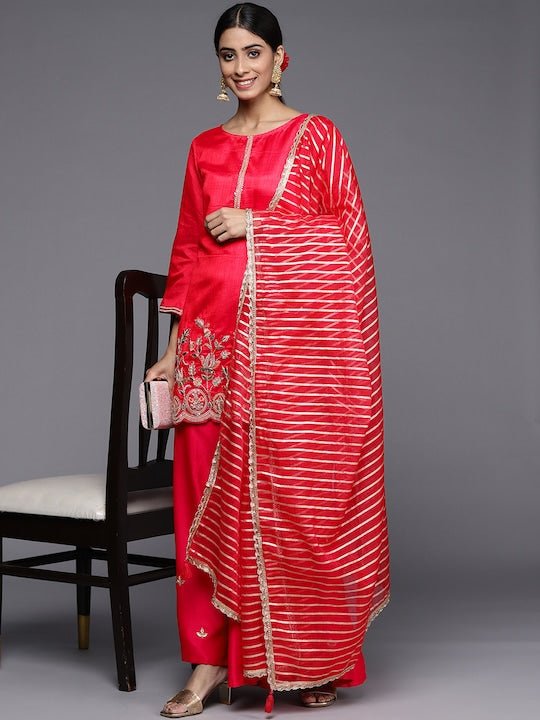 Women Red Floral Embroidered Sequinned Kurta with Sharara & With Dupatta - Inddus.com