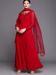 Women Red & Gold-Toned Embroidered Georgette Anarkali Kurta - Inddus.com