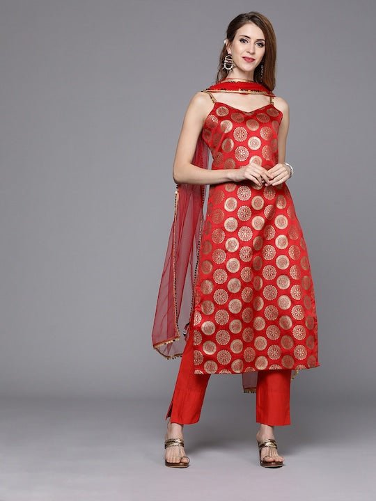 Women Red & Gold-Toned Woven Design Sequinned Kurta with Trousers & Dupatta - Inddus.com