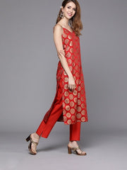 Women Red & Gold-Toned Woven Design Sequinned Kurta with Trousers & Dupatta - Inddus.com