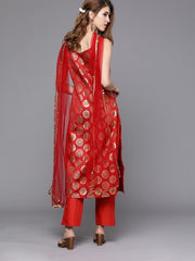 Women Red & Gold-Toned Woven Design Sequinned Kurta with Trousers & Dupatta - Inddus.com
